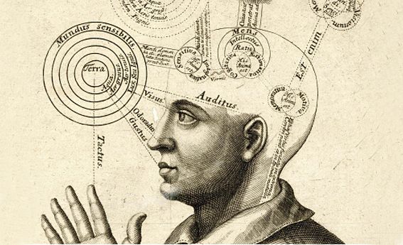 La pensée humaine. Cerveau d'un homme avec les zones relatives au sens, à l'imagination, à l'intellect..., gravure sur cuir, milieu du 17e siècle
